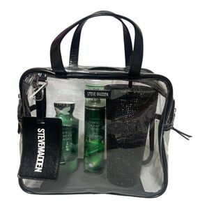 Steve Madden Black clear travel bag with luggage tag Bath & Body works with tumb